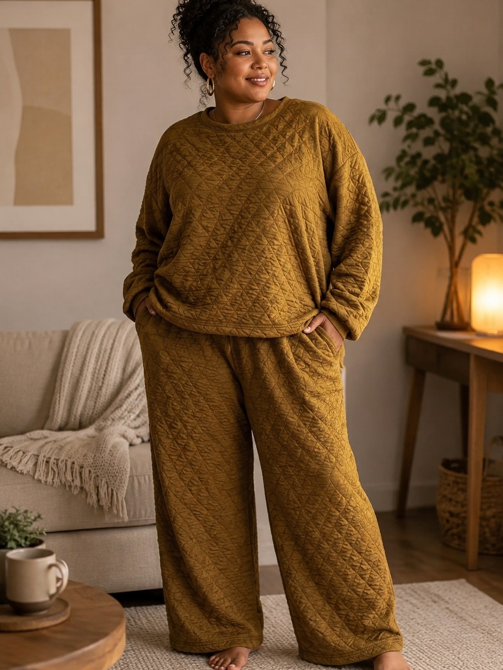 Quilted Plus-Size Loungewear Set in Mustard - Two-Piece Set - XXL